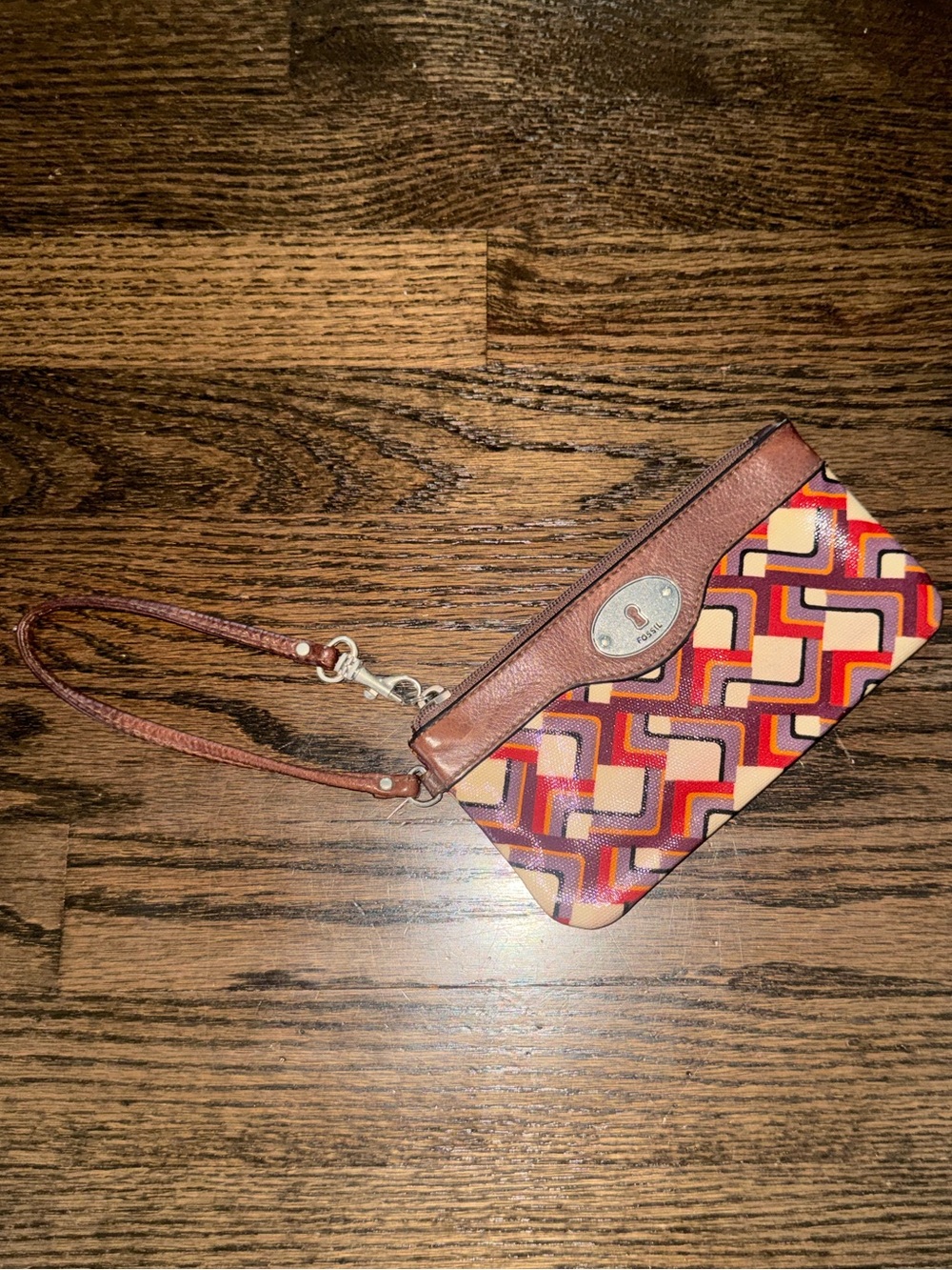 Fossil Brown Leather Wristlet with Multicolor Geometric Print